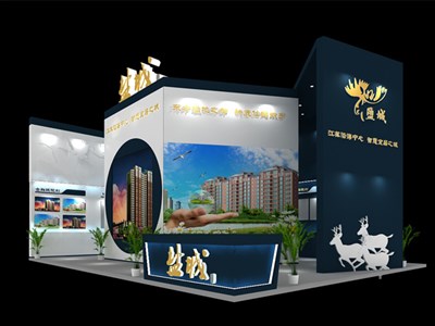 18平米展臺設(shè)計制作：二面開口/現(xiàn)代/木質(zhì)結(jié)構(gòu)/藍(lán)色，為房產(chǎn)展展商而作（免費使用）