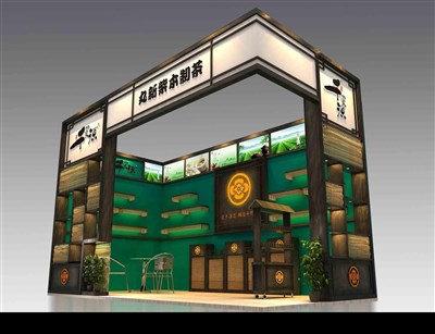 18平米展臺設(shè)計(jì)制作：二面開口/田園/木質(zhì)結(jié)構(gòu)/綠色，為茶博會展商而作（免費(fèi)使用）