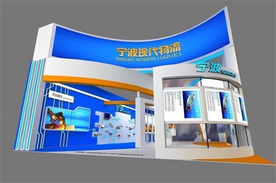 200平米展臺設計制作：三面開口/現(xiàn)代/木質結構/藍色，為交通物流展展商而作（免費使用）