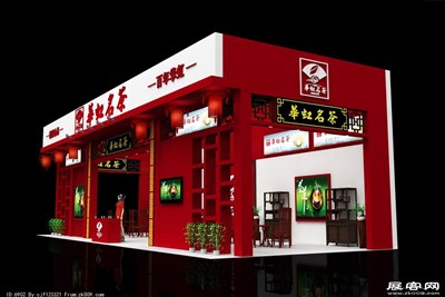 90平米展臺設(shè)計(jì)制作：三面開口/中式/木質(zhì)結(jié)構(gòu)/紅色，為茶博會展商而作（免費(fèi)使用）