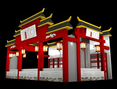 54平米展臺設(shè)計制作：二面開口/中式/木質(zhì)結(jié)構(gòu)/紅色，為糖酒展展商而作（免費使用）