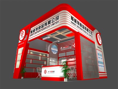 36平米展臺設(shè)計制作：一面開口/現(xiàn)代/木質(zhì)結(jié)構(gòu)/紅色，為食品展展商而作（免費使用）