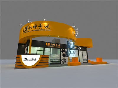 78平米展臺(tái)設(shè)計(jì)制作：三面開口/現(xiàn)代/木質(zhì)結(jié)構(gòu)/黃色，為廣播媒體展展商而作（免費(fèi)使用）