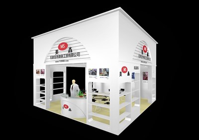 36平米展臺設計制作：三面開口/現(xiàn)代/木質結構/白色，為工藝品展展商而作（免費使用）
