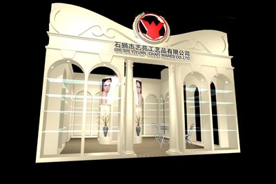 36平米展臺(tái)設(shè)計(jì)制作：二面開口/歐式/木質(zhì)結(jié)構(gòu)/米色，為工藝品展展商而作（免費(fèi)使用）