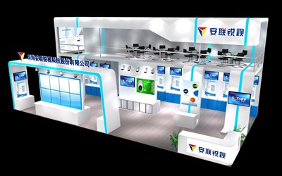 72平米展臺(tái)設(shè)計(jì)制作：三面開口/現(xiàn)代/雙層結(jié)構(gòu)/藍(lán)色，為安防展展商而作（免費(fèi)使用）