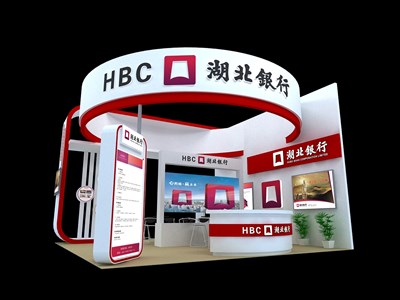 36平米展臺(tái)設(shè)計(jì)制作：三面開口/現(xiàn)代/木質(zhì)結(jié)構(gòu)/紅色，為金融展展商而作（免費(fèi)使用）