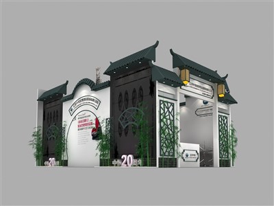 54平米展臺(tái)設(shè)計(jì)制作：一面開口/中式/木質(zhì)結(jié)構(gòu)/灰色，為寵物水族展展商而作（免費(fèi)使用）