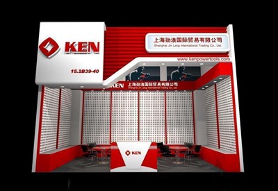 18平米展臺設計制作：一面開口/現(xiàn)代/木質結構/紅色，為工具展展商而作（免費使用）