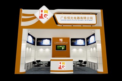 18平米展臺設(shè)計(jì)制作：一面開口/現(xiàn)代/木質(zhì)結(jié)構(gòu)/黃色，為家電展展商而作（免費(fèi)使用）