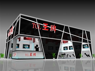135平米展臺設(shè)計制作：二面開口/現(xiàn)代/型材結(jié)構(gòu)/黑色，為家電展展商而作（免費使用）