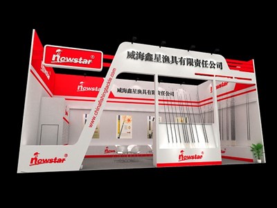 72平米展臺設(shè)計制作：一面開口/現(xiàn)代/木質(zhì)結(jié)構(gòu)/紅色，為釣具展展商而作（免費使用）