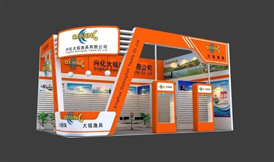 54平米展臺設(shè)計制作：二面開口/現(xiàn)代/木質(zhì)結(jié)構(gòu)/橙色，為釣具展展商而作（免費使用）