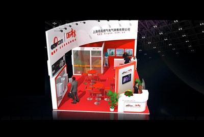 54平米展臺(tái)設(shè)計(jì)制作：二面開口/現(xiàn)代/木質(zhì)結(jié)構(gòu)/白色，為家電展展商而作（免費(fèi)使用）