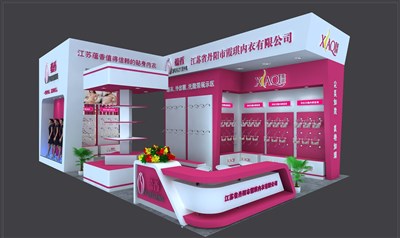 84平米展臺設(shè)計制作：二面開口/現(xiàn)代/木質(zhì)結(jié)構(gòu)/紅色，為內(nèi)衣展展商而作（免費使用）