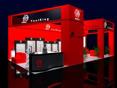 72平米展臺設(shè)計制作：三面開口/現(xiàn)代/木質(zhì)結(jié)構(gòu)/紅色，為五金展展商而作（免費使用）