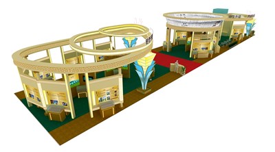 583平米展臺設(shè)計制作：二面開口/現(xiàn)代/木質(zhì)結(jié)構(gòu)/米色，為文博會展商而作（免費(fèi)使用）
