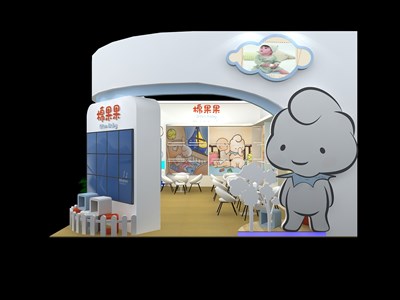54平米展臺(tái)設(shè)計(jì)制作：二面開口/卡通/木質(zhì)結(jié)構(gòu)/紫色，為嬰幼展展商而作（免費(fèi)使用）