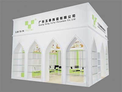 36平米展臺設(shè)計制作：二面開口/現(xiàn)代/木質(zhì)結(jié)構(gòu)/白色，為日用品展展商而作（免費使用）