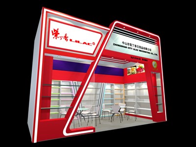 18平米展臺(tái)設(shè)計(jì)制作：一面開口/現(xiàn)代/木質(zhì)結(jié)構(gòu)/紅色，為日用品展展商而作（免費(fèi)使用）