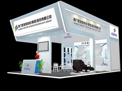 54平米展臺設(shè)計(jì)制作：三面開口/現(xiàn)代/木質(zhì)結(jié)構(gòu)/白色，為體博會展商而作（免費(fèi)使用）