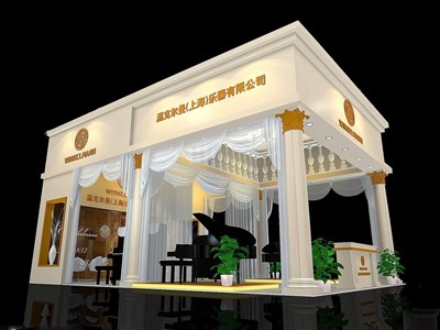 54平米展臺設(shè)計(jì)制作：三面開口/歐式/木質(zhì)結(jié)構(gòu)/米色，為樂器展展商而作（免費(fèi)使用）