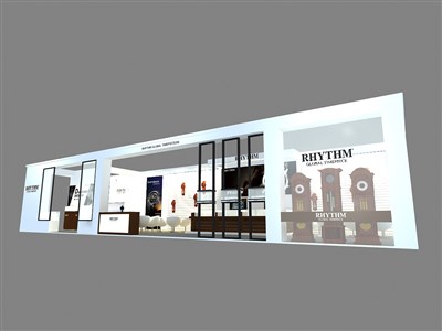 120平米展臺設(shè)計制作：三面開口/現(xiàn)代/木質(zhì)結(jié)構(gòu)/白色，為鐘表展展商而作（免費(fèi)使用）