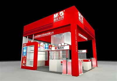36平米展臺設(shè)計制作：三面開口/現(xiàn)代/木質(zhì)結(jié)構(gòu)/紅色，為文具圖書展展商而作（免費使用）