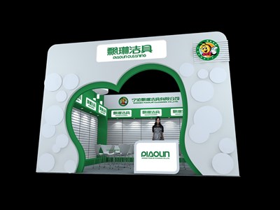 36平米展臺設計制作：一面開口/現(xiàn)代/木質結構/綠色，為日用品展展商而作（免費使用）
