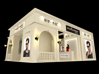 54平米展臺設計制作：三面開口/歐式/木質(zhì)結(jié)構(gòu)/米色，為眼鏡展展商而作（免費使用）