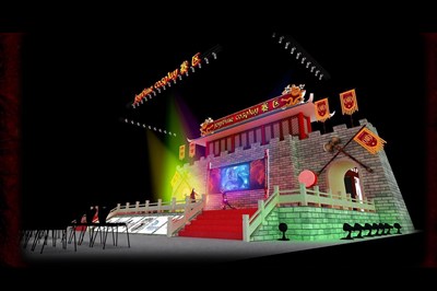 720平米展臺設計制作：四面開口/中式/木質(zhì)結構/彩色，為舞臺開幕式展商而作（免費使用）