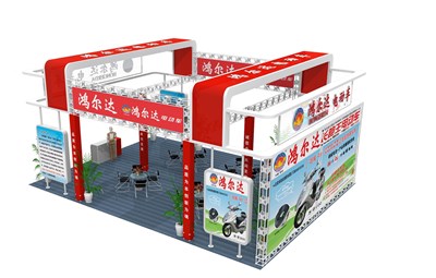 108平米展臺設(shè)計制作：二面開口/中式/桁架結(jié)構(gòu)/紅色，為單/摩托車展商而作（免費使用）