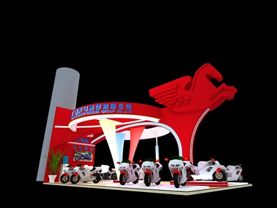 90平米展臺設計制作：三面開口/中式/木質結構/紅色，為單/摩托車展商而作（免費使用）
