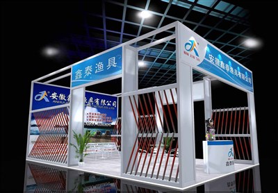 50平米展臺設(shè)計制作：三面開口/現(xiàn)代/木質(zhì)結(jié)構(gòu)/藍色，為釣具展展商而作（免費使用）