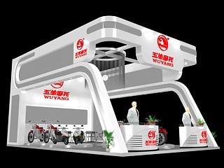 54平米展臺設(shè)計制作：三面開口/現(xiàn)代/木質(zhì)結(jié)構(gòu)/白色，為單/摩托車展商而作（免費使用）