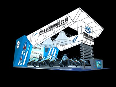 72平米展臺(tái)設(shè)計(jì)制作：三面開口/前衛(wèi)/型材結(jié)構(gòu)/藍(lán)色，為單/摩托車展商而作（免費(fèi)使用）