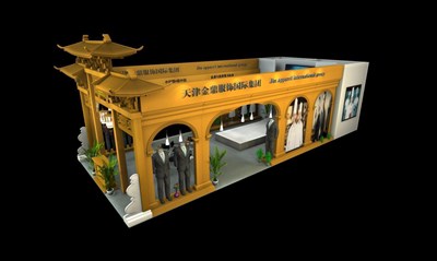 84平米展臺(tái)設(shè)計(jì)制作：三面開(kāi)口/中式/木質(zhì)結(jié)構(gòu)/黃色，為服裝展展商而作（免費(fèi)使用）