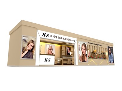 36平米展臺設計制作：一面開口/歐式/木質(zhì)結構/米色，為眼鏡展展商而作（免費使用）