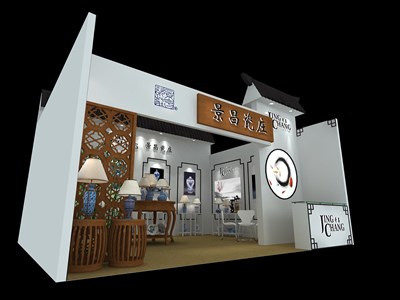 42平米展臺(tái)設(shè)計(jì)制作：一面開(kāi)口/中式/木質(zhì)結(jié)構(gòu)/白色，為照明展展商而作（免費(fèi)使用）