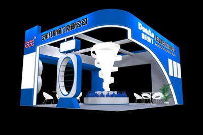 42平米展臺設(shè)計制作：四面開口/現(xiàn)代/木質(zhì)結(jié)構(gòu)/藍色，為五金展展商而作（免費使用）