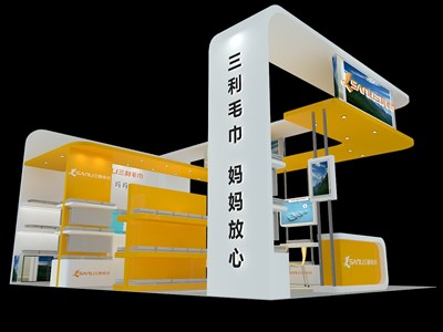 54平米展臺設(shè)計制作：三面開口/現(xiàn)代/木質(zhì)結(jié)構(gòu)/黃色，為紡織展展商而作（免費使用）