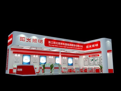 72平米展臺設(shè)計制作：二面開口/現(xiàn)代/木質(zhì)結(jié)構(gòu)/紅色，為照明展展商而作（免費使用）