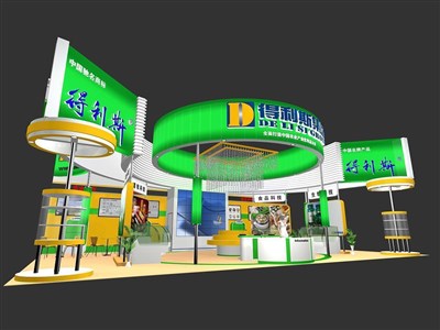 135平米展臺設計制作：三面開口/現(xiàn)代/桁架結構/綠色，為食品展展商而作（免費使用）