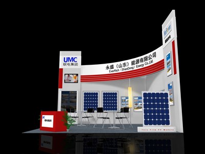 36平米展臺設計制作：二面開口/現(xiàn)代/木質(zhì)結(jié)構/白色，為光伏展展商而作（免費使用）