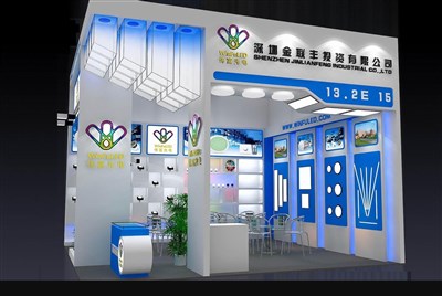 36平米展臺(tái)設(shè)計(jì)制作：二面開(kāi)口/現(xiàn)代/木質(zhì)結(jié)構(gòu)/藍(lán)色，為照明展展商而作（免費(fèi)使用）