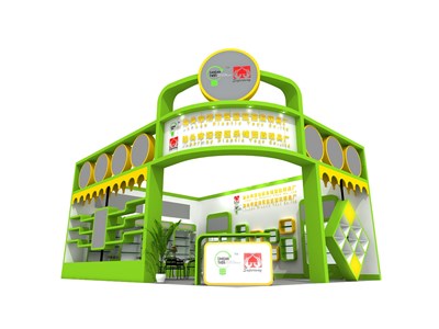 48平米展臺(tái)設(shè)計(jì)制作：一面開口/前衛(wèi)/木質(zhì)結(jié)構(gòu)/綠色，為玩具展展商而作（免費(fèi)使用）