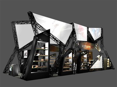 90平米展臺設(shè)計制作：二面開口/現(xiàn)代/桁架結(jié)構(gòu)/黑色，為玩具展展商而作（免費使用）
