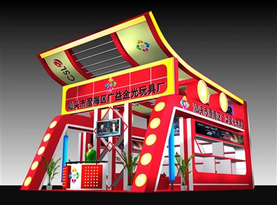 54平米展臺(tái)設(shè)計(jì)制作：一面開口/現(xiàn)代/木質(zhì)結(jié)構(gòu)/紅色，為玩具展展商而作（免費(fèi)使用）