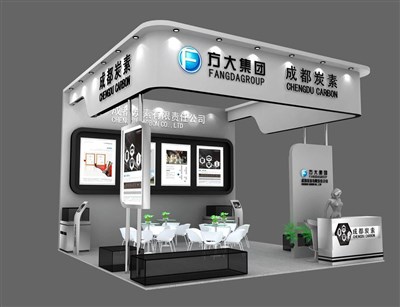 36平米展臺設(shè)計制作：三面開口/現(xiàn)代/木質(zhì)結(jié)構(gòu)/灰色，為化工展展商而作（免費使用）
