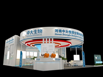 120平米展臺設計制作：二面開口/現(xiàn)代/木質(zhì)結構/藍色，為醫(yī)藥展展商而作（免費使用）